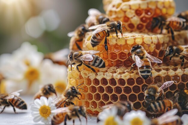 Des abeilles sur un nid d'abeilles avec des fleurs en arrière-plan