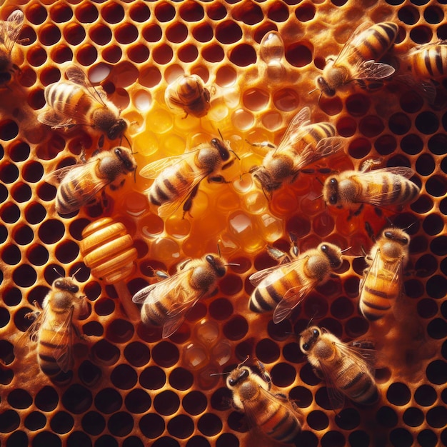 Abeilles sur des nids d'abeilles avec du miel ai génératif