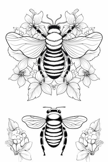 Photo les abeilles occupées colorent des pages simples en noir et blanc pour les enfants