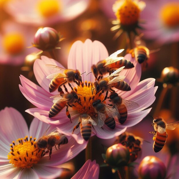 Photo les abeilles recueillent diligemment le nectar et le pollen, contribuant ainsi à l'écosystème en pollinisant les fleurs.