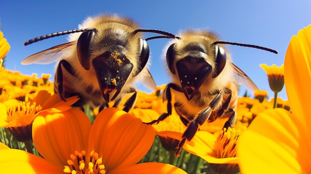 Photo les abeilles recueillent le nectar des fleurs de chrysanthème