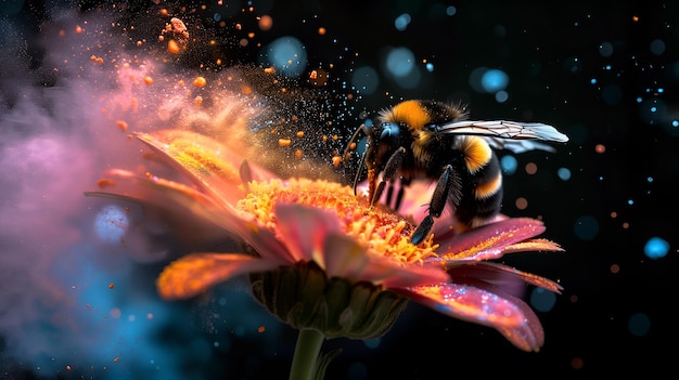 Les abeilles recueillent le nectar et répandent les poudres de pollen colorées.