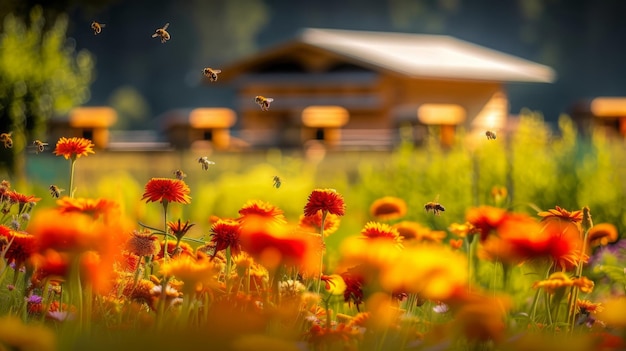 Les abeilles de la ruche et les fleurs dans la prairie