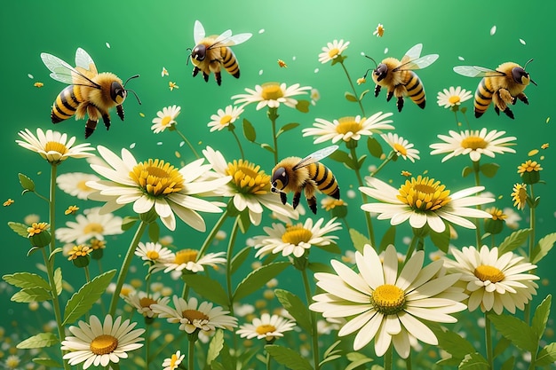 Les abeilles de la ruche rassemblent du miel parmi la camomille et les marguerites