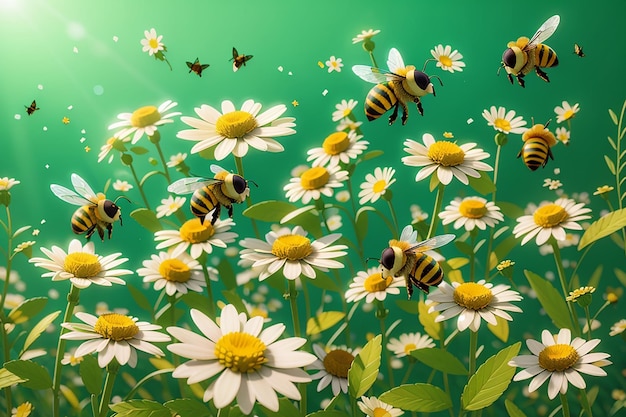 Les abeilles de la ruche rassemblent du miel parmi la camomille et les marguerites