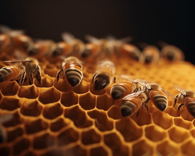 Des abeilles sur un rucheau avec un fond noir