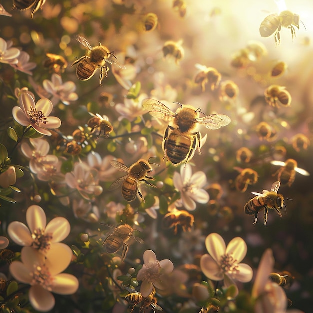 Les abeilles symphoniques florales pollinisent dans un jardin ensoleillé