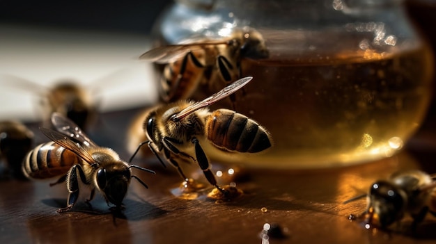 Abeilles sur une table avec un pot de miel