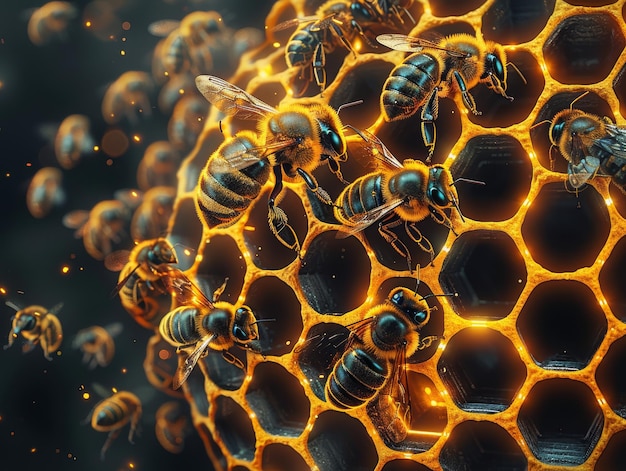 Des abeilles travaillant sur une ruche artificielle hexagonale