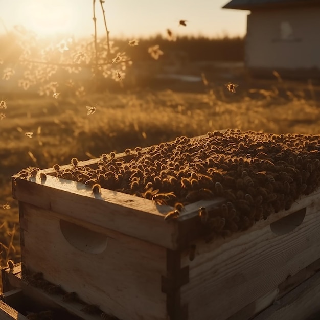 Abeilles volant au coucher du soleil