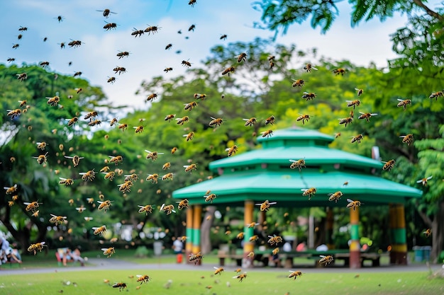 Des abeilles volent autour d'un gazebo de jardin utilisé pour des événements communautaires