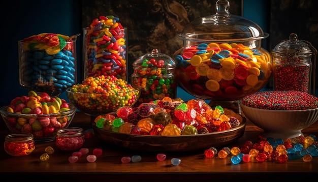 Photo abondance de bonbons colorés dans un bol d'halloween généré par l'ia