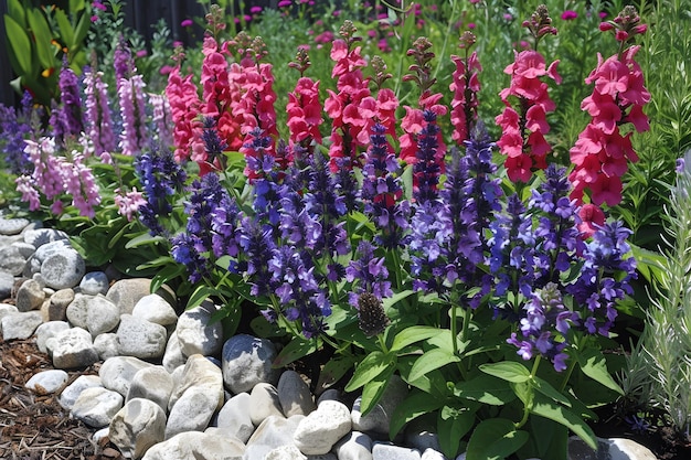 L'abondance de fleurs violettes et rouges dans un jardin