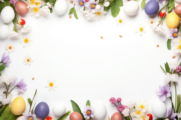 L'abondance de Pâques Un cadre plat époustouflant rempli de fleurs de printemps et d'œufs sur un blanc serein