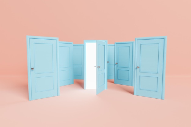 Photo abondance de portes bleues fermées près de la porte ouverte avec une lumière rougeoyante représentant une nouvelle opportunité et des changements sur fond clair dans le rendu 3d de studio