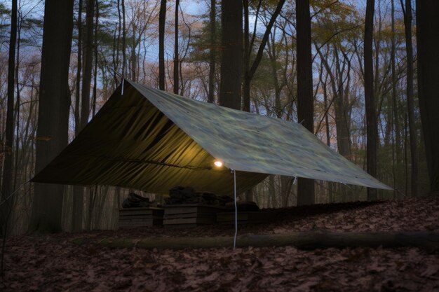 Un abri en bâche assemblé dans une forêt