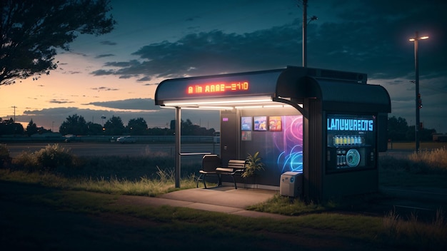 Photo abri bus futuriste en zone rurale au crépuscule