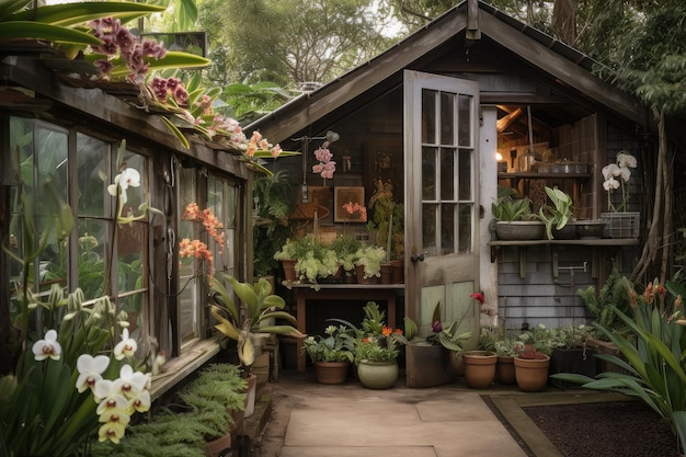 Un abri de jardin avec une serre attenante remplie d'orchidées et de broméliacées