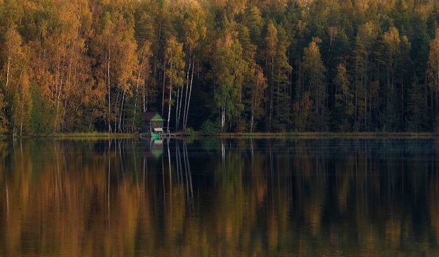 abri de pêche en soirée d'automne sur le lac de la forêt