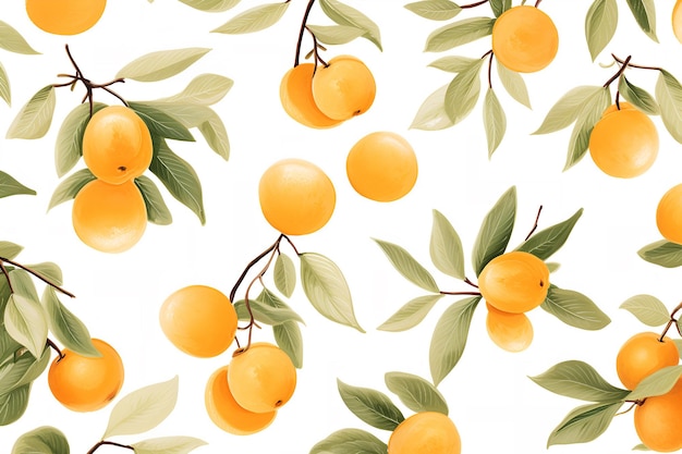 Abricots sur branches avec motif d'illustration de feuilles sur fond blanc génératif AI