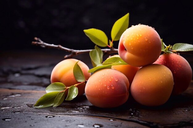 Des abricots avec des brindilles sur une table sombre avec des gouttelettes d'eau dessus