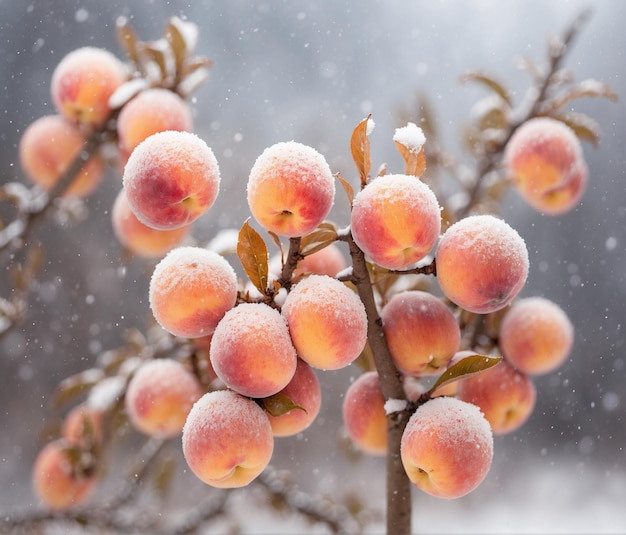 Abricots congelés sur une branche dans le jardin en hiver