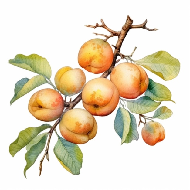 Abricots sur une illustration aquarelle de branche.