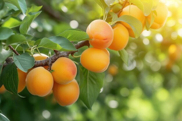 Des abricots mûrs sur un arbre au coucher du soleil