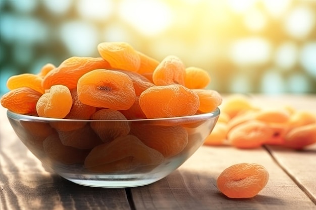 Des abricots séchés dans un bol sur la table copier l'espace