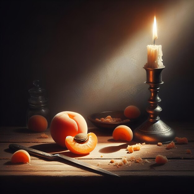 Photo des abricots sur une table dans une pièce sombre.