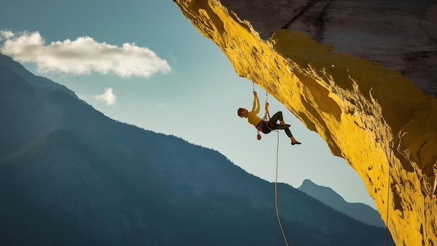 Abseil sur un mur de roche jaune négatif avec des montagnes