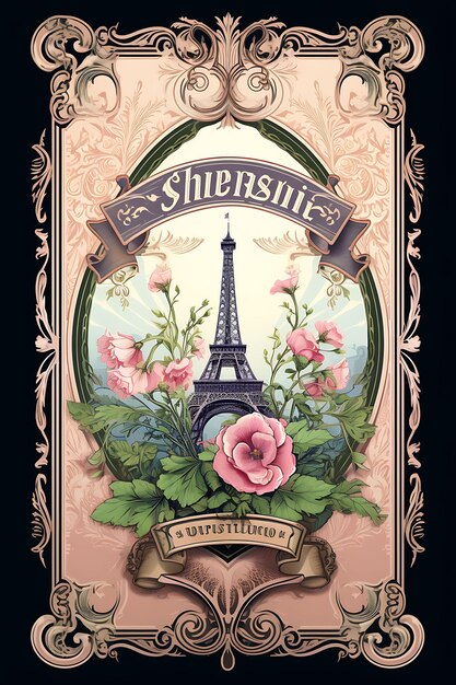 Photo absinthe label paris tour eiffel et fleurs art nouveau étiquette 2d vintage design packaging tem