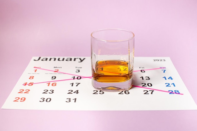 Abstinence d'alcool dans le calendrier de janvier avec un verre de whisky