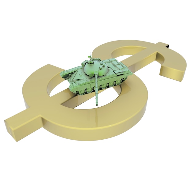 Abstract 3d illustration of green war tank brillant visant canon sur golden dollar sign isolé sur w