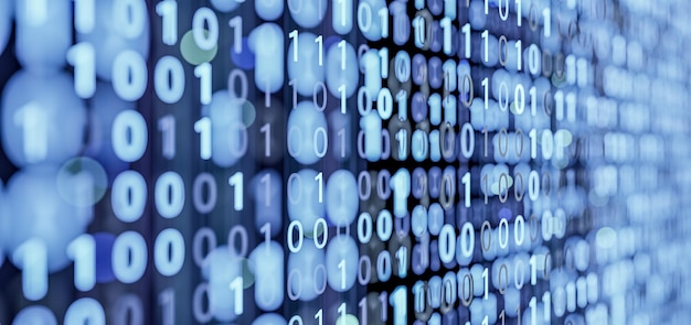 Abstract blurred binary code background in blue digital information encryption data privacy futuristic programming artificial intelligence cyber security technology coding network