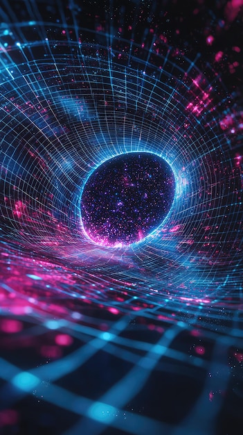 Abstract Digital Visualization of a Cosmic Vortex with Sparkling Particles and Grid Patterns Representing Space and Time Distortion in a Virtual Universe