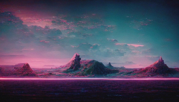 Abstract Retro futuristic scifi synthwave paysage dans l'espace avec des étoiles Vaporwave illustration 3D stylisée pour la musique EDM rendu Ai