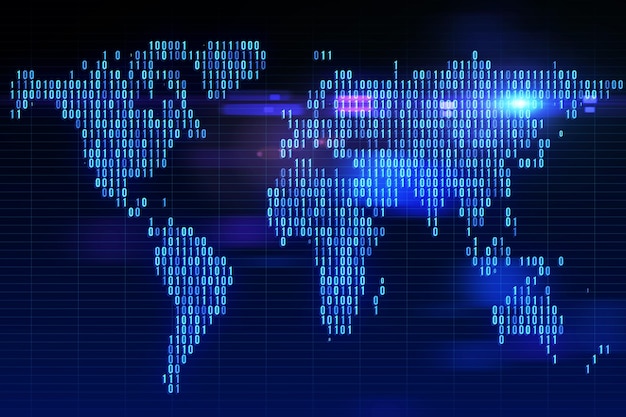Abstraction de carrés de pixels numériques lumineux carte du monde avec des projecteurs concept d'affaires mondial rendu 3D