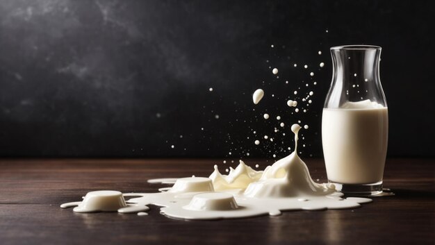 Abstraction du lait renversé sur une table sur un fond sombre