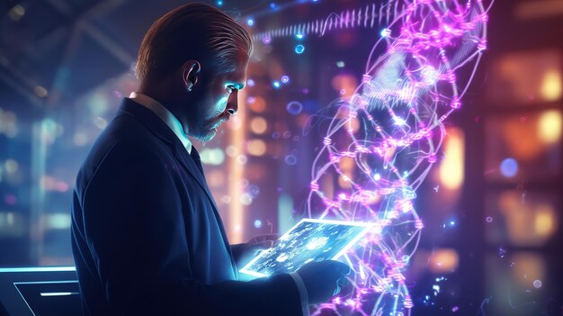 Abstraction de la molécule d'ADN lumineuse Le médecin utilise la tablette et vérifie avec l'analyse du chromosome génératif Ai