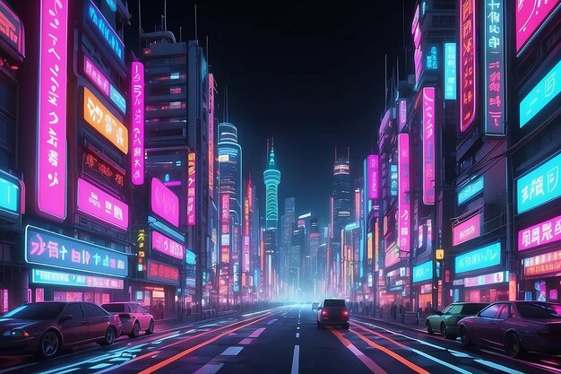 abstraire le fond de la ville nocturne futuriste colorée de Tokyo, des panneaux de néon, des lumières à longue exposition, un rendu 3D, une illustration 3D