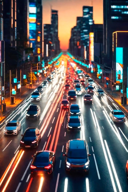 Abstraire le panorama futuriste de la nuit des panneaux au néon de fond de la ville