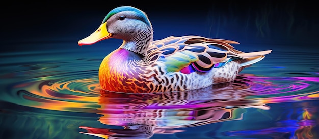 Photo abstrait 3d hologramme coloré dessin d'animal canard dans un fond sombre généré par l'ia