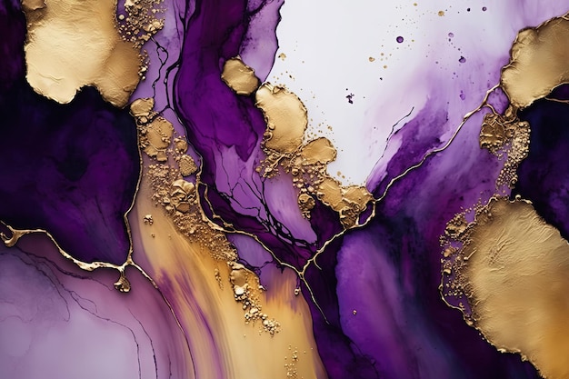 Abstrait acohol encre art fond violet et or Toile de fond de luxe Ai généré