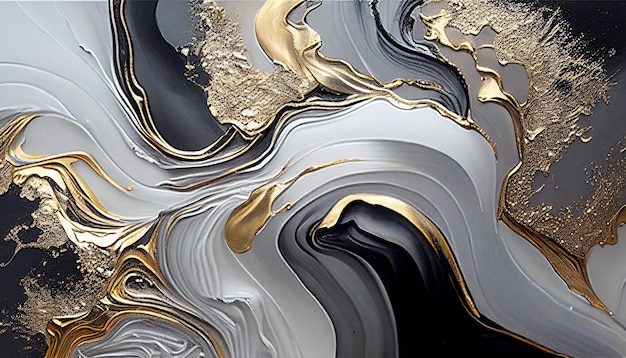 Abstrait acrylique texture fond fluide art noir blanc et or peinture éclaboussures mélange peinture effet génératif ai
