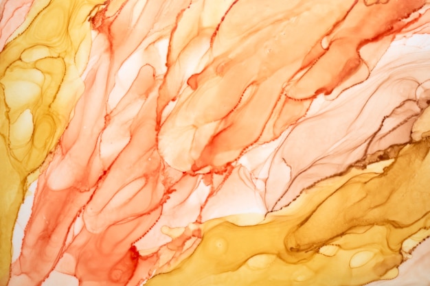 Abstrait aquarelle ocre. Taches et taches de peinture jaune orange marron dans l'eau, papier peint d'art liquide fluide de luxe, mélange de couleurs d'automne