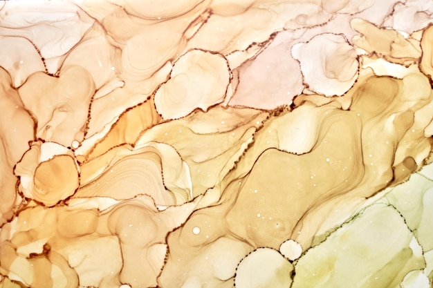 Abstrait aquarelle vert ocre. Taches et taches de peinture jaune orange marron dans l'eau, papier peint d'art liquide fluide de luxe, mélange de couleurs d'automne