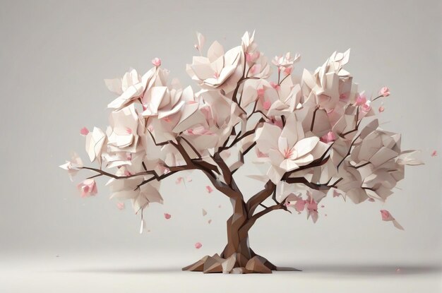 Abstrait d'un arbre en fleurs lowpoly3d sur un fond blanc