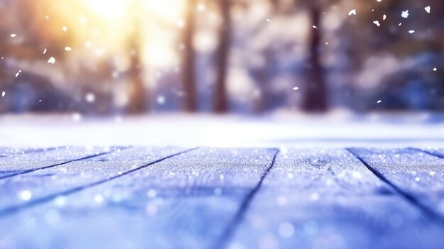 Photo abstrait arrière-plan de noël table en bois enneigée avec des lumières défocalisées