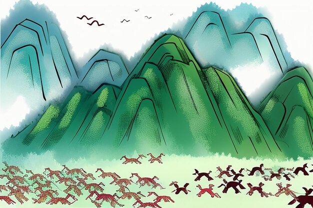 Photo abstrait artistique aquarelle encre style montagne oiseau animal soleil nature paysage illustration